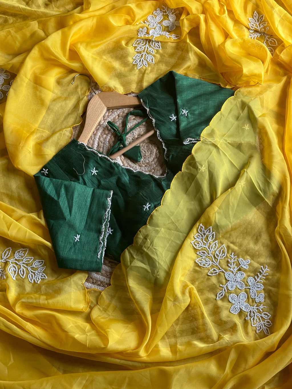 Pearls on yellow Saree