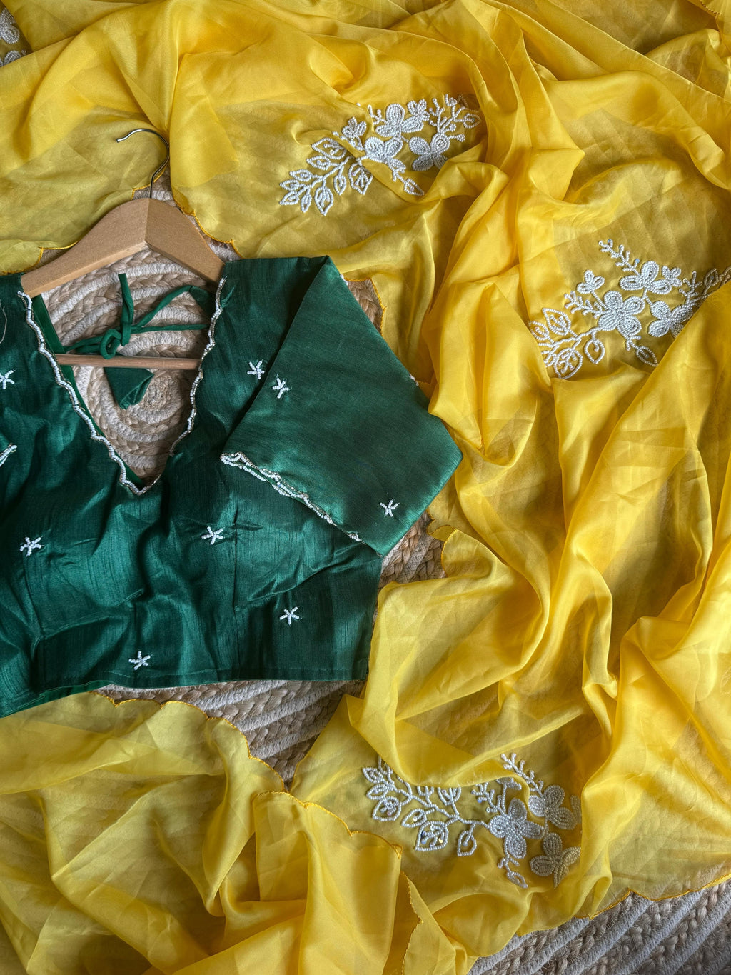 Pearls on yellow Saree